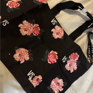 Victoria's Secret Large Zipper Tote Bag Pink Floral Print Black And Logo Strap